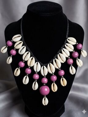 Vibrant Purple & Cowrie Shell Boho Festival Fringe StatementNecklace